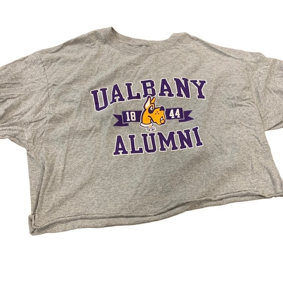 Champion Tops - UNIV of ALBANY Alumni 1844 Mascot Cropped Tee-Shirt Grey Purple, XL